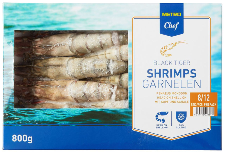 Raw Black Tiger shrimps with head and shell 8/12 800 g