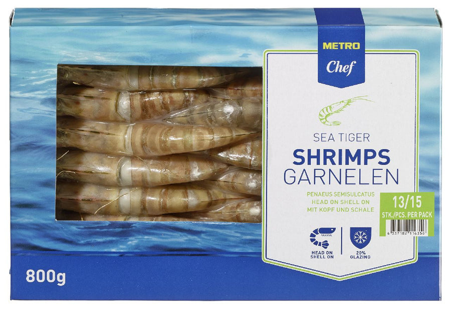 Raw Black Tiger shrimps with head and shell 13/15 800 g