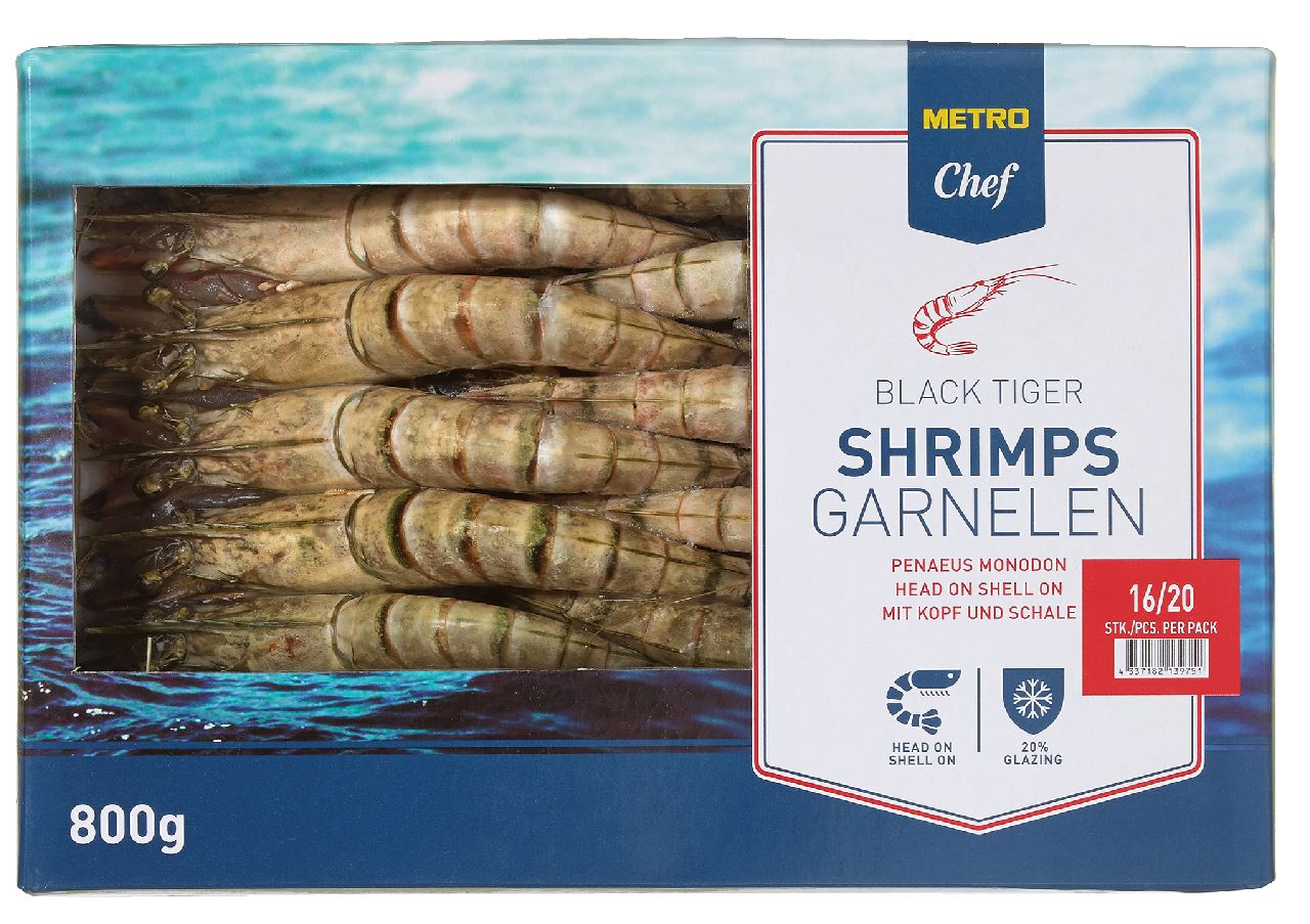 Raw Black Tiger shrimps with head and shell 16/20 800 g