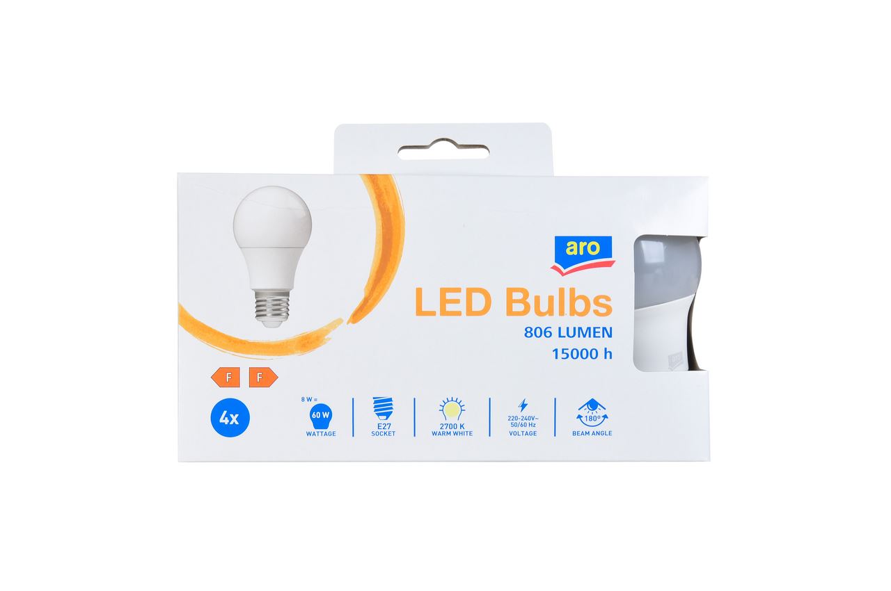 aro LED Lamp A60 8W 806Lm E27 2700K 4 pieces